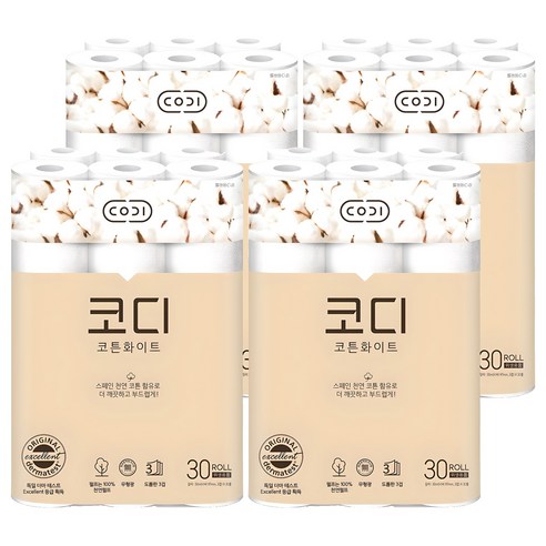 코디 3겹 천연펄프 코튼화이트 롤화장지, 30m, 30개입, 4개