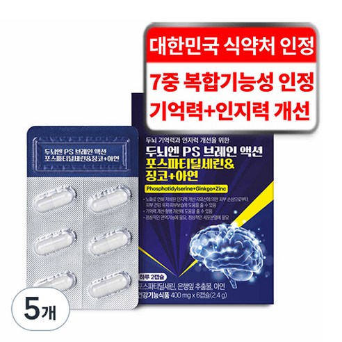 케어란스 두뇌엔 PS 브레인 액션 포스파티딜세린 징코 아연 영양제 2.4g, 5개, 6정