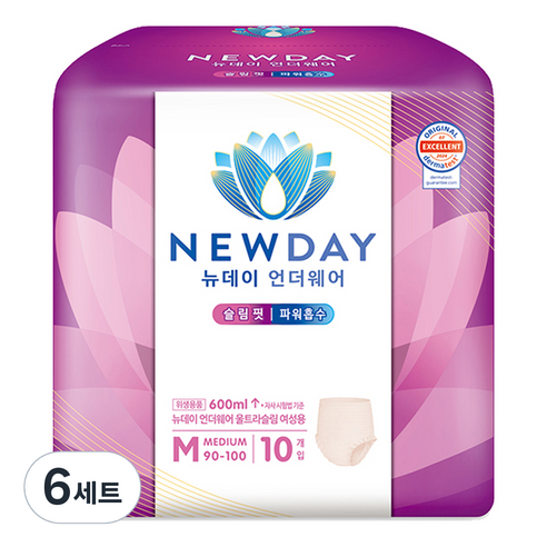 뉴데이 여성용 언더웨어 울트라슬림 성인기저귀, 중형, 6세트, 10매입