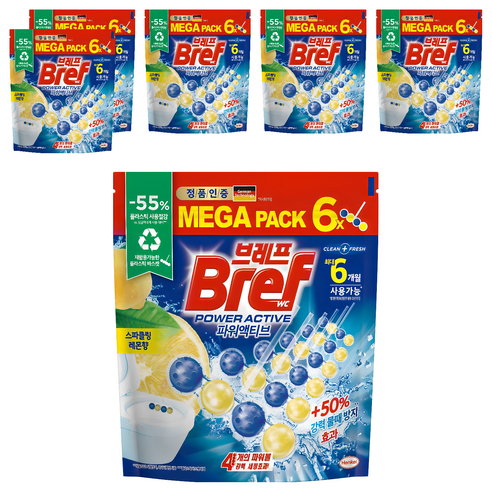 브레프 파워액티브 메가팩 변기세정제 스파클링 레몬향 6p, 300g, 6개