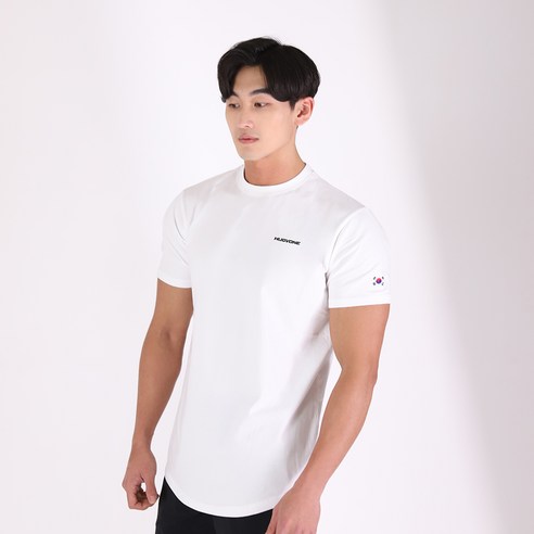 허그본 남성용 데일리 머슬핏 스몰로고 반팔 티셔츠 태극라인
