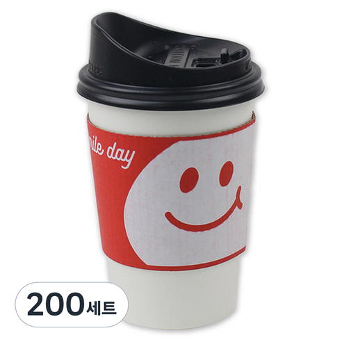 아이엔피 종이컵 화이트 무지 380ml + 롱개폐 뚜껑 + 홀더 스마일레드 세트, 200세트