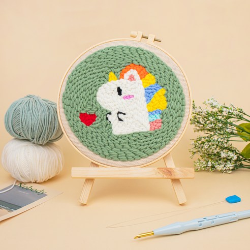 아트조이 DIY 펀치 니들 자수 + 4단 바늘 + 나무 받침대 세트, 1세트, 리틀 유니콘