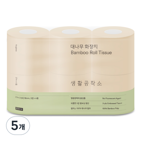 생활공작소 대나무 천연펄프 3겹 고급롤화장지, 27m, 6개입, 5개