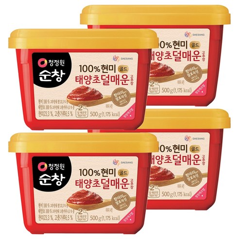 청정원순창 100% 현미 골드 태양초 덜매운 고추장, 500g, 4개