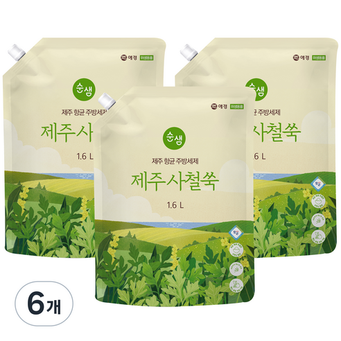 순샘 제주 사철쑥 항균 주방세제 리필, 1.6L, 6개
