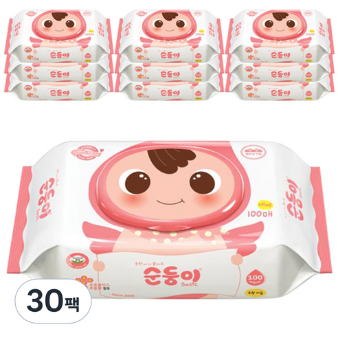 순둥이 베이직 무향 엠보싱 유아물티슈 캡형, 100매입, 30개