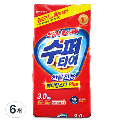 수퍼타이 찬물 전용 실내건조 분말세제 효소 세탁세제 일반드럼 겸용 리필, 3kg, 6개