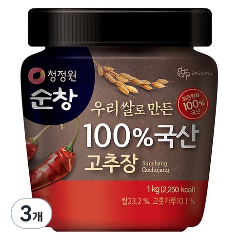 청정원순창 우리쌀로 만든 100% 국산 고추장, 1kg, 3개