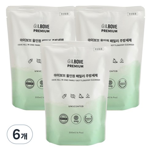 아이보브 올인원 패밀리 주방세제 리필, 6개, 500ml