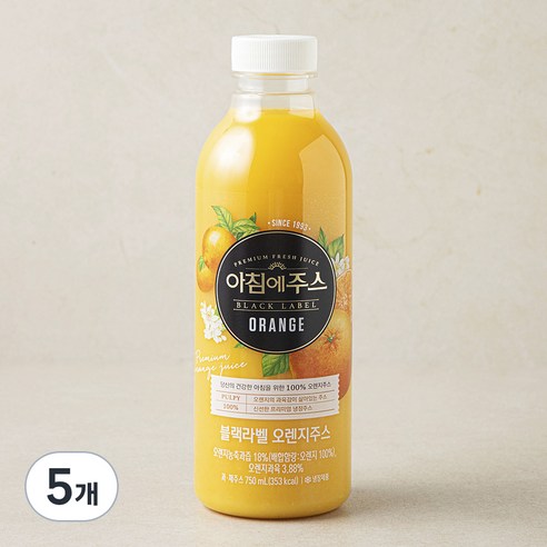아침에주스 블랙라벨 오렌지주스, 5개, 750ml