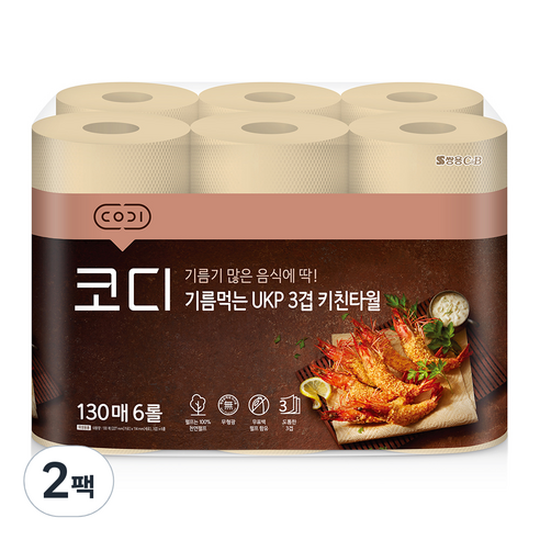 코디 기름먹는 UKP 3겹 키친타올 130매, 6롤, 2팩