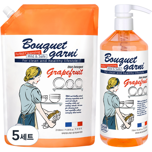 부케가르니 에코 1종 주방세제 자몽향 본품 750ml + 리필 2.1L 1세트, 5세트