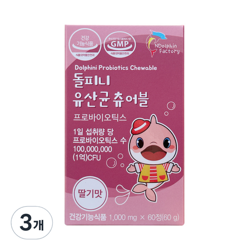 엔돌핀팩토리 돌피니 유산균 츄어블 딸기맛 60g, 60정, 3개
