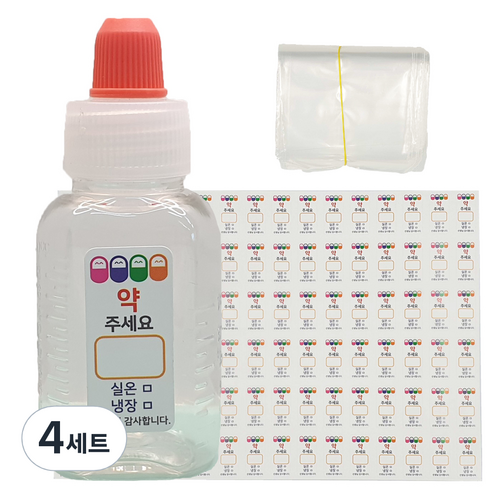 신도공업 일회용 짧은 뚜껑 약병 PET 딱딱이 20cc + 스티커 96p + 지퍼백 100p 세트, 4세트
