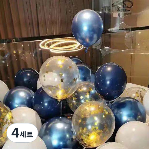뷰라뷰 파티풍선 50p + 공기펌프 + 10m 리본 세트, 06 블루 + 화이트 + 골드스팽글(랜덤발송), 4세트