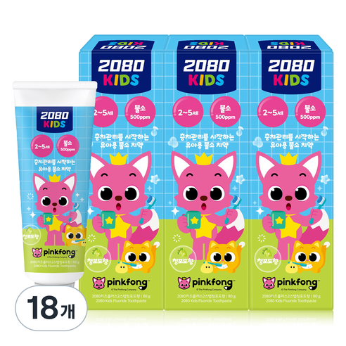 2080 핑크퐁 2스텝 불소 아동용 치약 청포도향, 80g, 18개