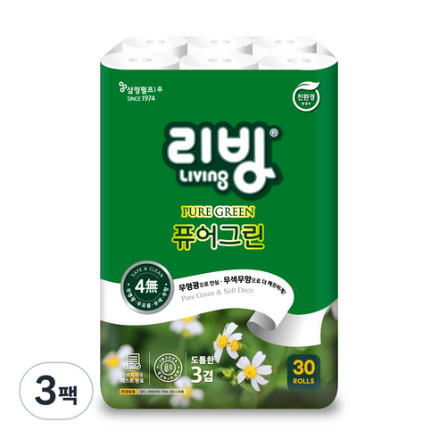 리빙 퓨어그린 화장지, 3팩, 30롤