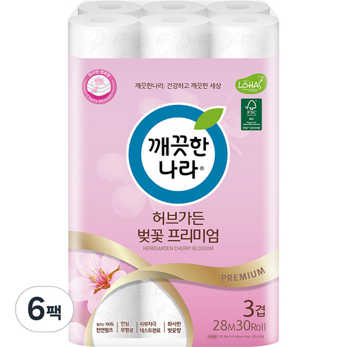 깨끗한나라 3겹 펄프 허브가든 벚꽃 프리미엄 화장지 28m, 30롤, 6팩