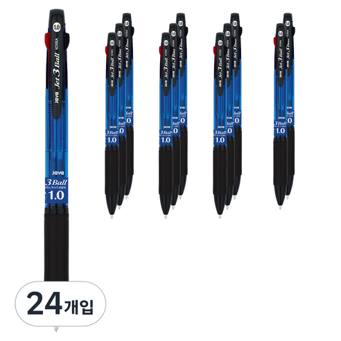 자바펜 초저점도 3색 유성 제트3볼 볼펜 1.0mm, 블루, 24개입