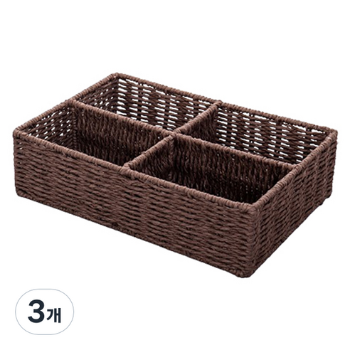 블럭마트 라탄 수납 바구니 4칸, 다크브라운, 3개