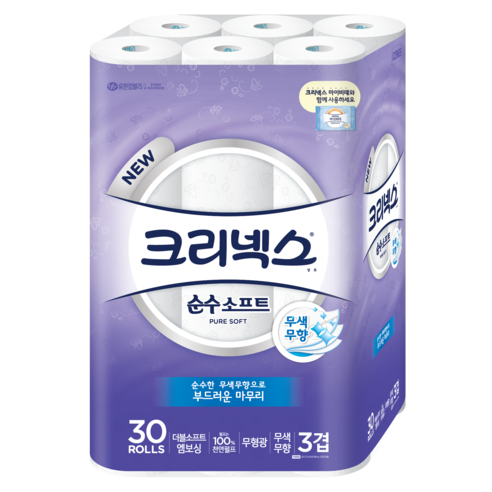 크리넥스 천연펄프 순수 3겹 소프트 롤화장지 27M, 30롤, 1팩