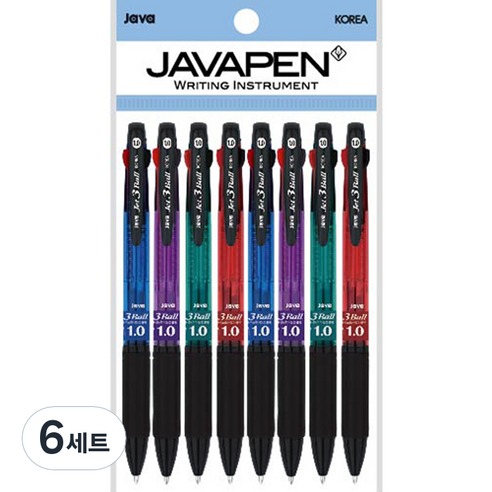 자바펜 3색볼펜 제트3볼 1.0mm 민트 2p + 레드 2p + 퍼플 2p + 블루 2p, 혼합 색상, 6세트