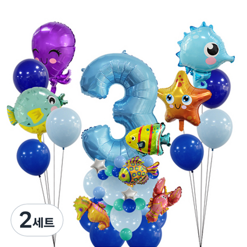 이자벨홈 바다생물 생일파티 + 숫자 3 세트, 블루, 2세트
