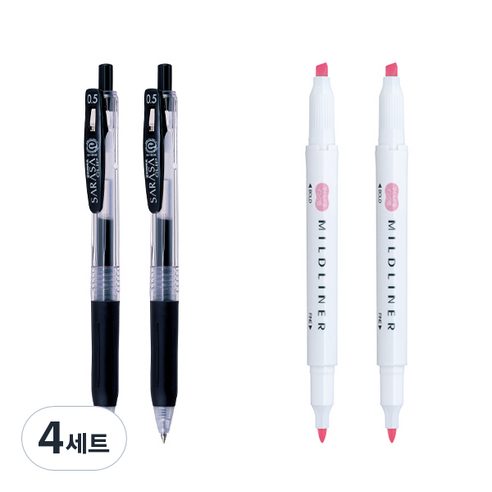 제브라 마일드라이너 마카 2p + 사라사 클립 볼펜 0.5mm 2p 세트, 핑크(마일드라이너), 검정(볼펜), 4세트