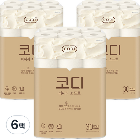 코디 베이지소프트 3겹 천연펄프 롤화장지 30m, 30롤, 6팩