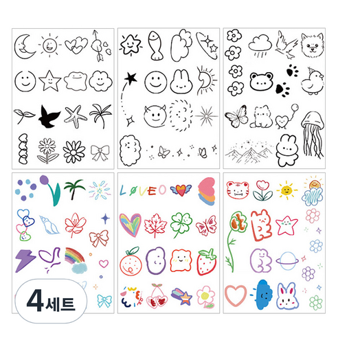 젤루나 몽글몽글 귀여운 컬러 흑백 일러스트 타투 스티커 6p 세트 T-122, 4세트, 혼합색상