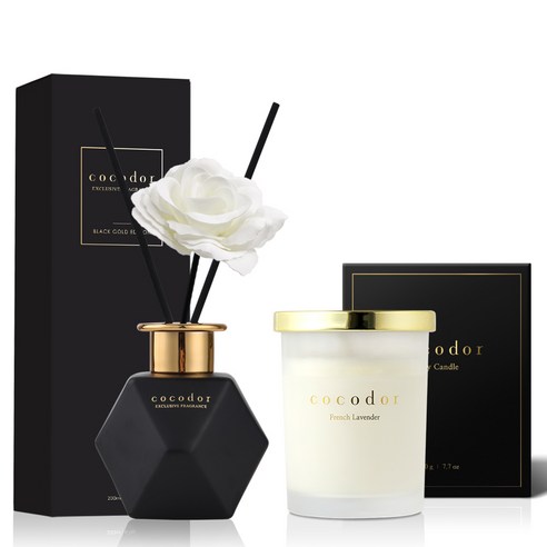 코코도르 소이캔들 미디움자 220g + 블랙골드에디션 디퓨저 200ml 세트, 캔들(프렌치라벤더)+디퓨저(플라워샵), 1개