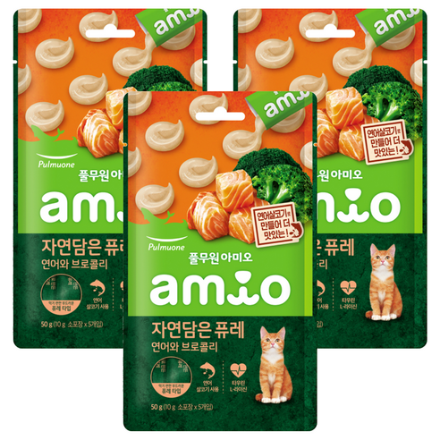 풀무원아미오 전연령 고양이 자연담은 퓨레 습식사료, 연어, 50g, 3개