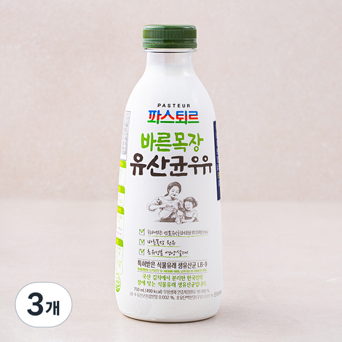 파스퇴르 바른목장 유산균 우유, 750ml, 3개