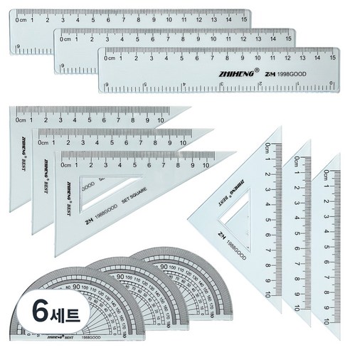 ZHIHENG 각도기 + 삼각자 2종 + 자 15cm 세트, 혼합색상, 6세트