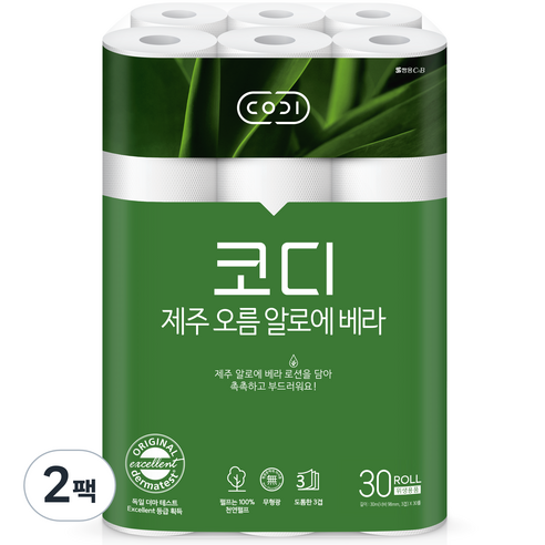 코디 3겹 제주 오름 알로에 베라 화장지 30m, 30개입, 2개