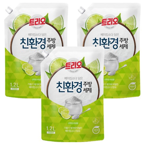 트리오 베이킹소다 담은 친환경 주방세제 라임향 리필, 1.2L, 3개