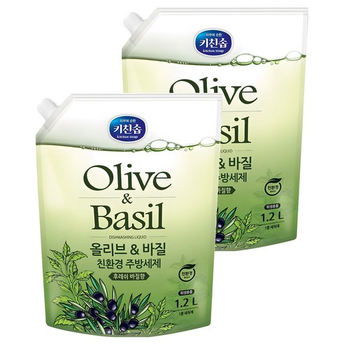 키친솝 올리브 앤 바질 친환경 주방세제, 1.2L, 2개