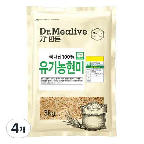 밀리브 유기농 현미, 3kg, 4개