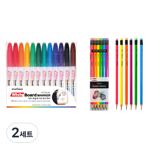 문화연필 세필보드마카 12종 세트 + 투코비 코마 삼각 지우개 연필 TC-208 B 12종, 12종(마카), 혼합색상(연필), 2세트