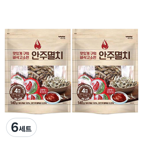 바다원 맛있게 구워 바삭고소한 안주멸치 + 햇고추장 맛나, 140g, 6세트