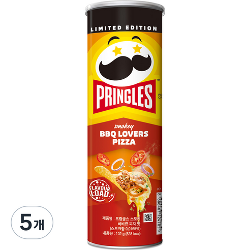 프링글스 감자스낵 스모키 바비큐 피자, 102g, 5개