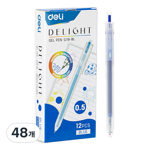 델리 델라이트 퀵드라이 노크식 젤잉크펜 0.5mm EQ118, 블루, 48개