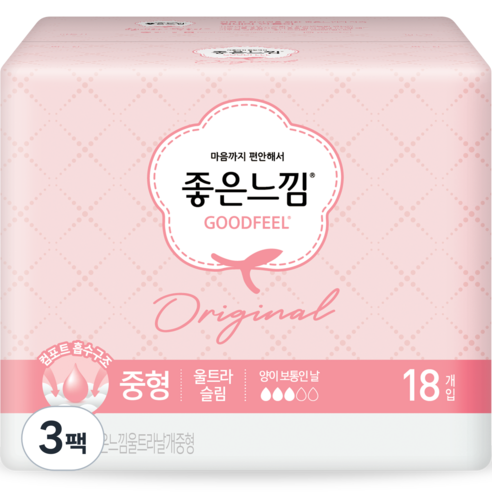 좋은느낌 오리지널 울트라슬림 생리대 날개형, 중형, 18개입, 3팩