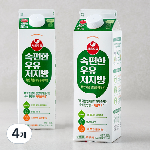 서울우유 속편한 우유 저지방, 900ml, 4개