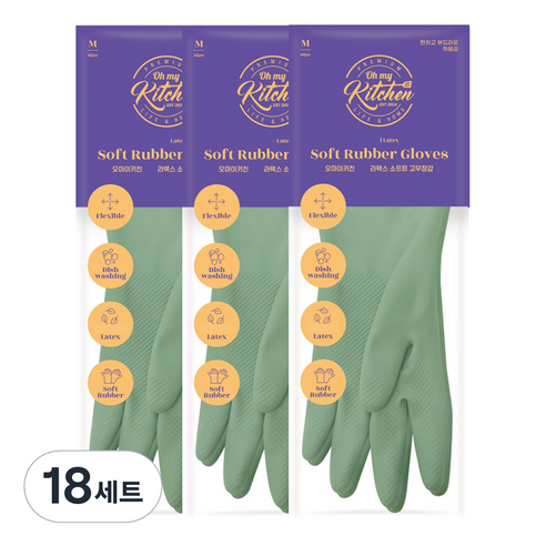 오마이키친 라텍스 소프트 팔목 고무장갑 양손 세트, 18세트, 중(M), 파스텔민트