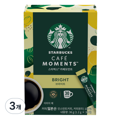스타벅스 카페모먼트 브라이트 원두커피스틱, 1.2g, 30개입, 3개