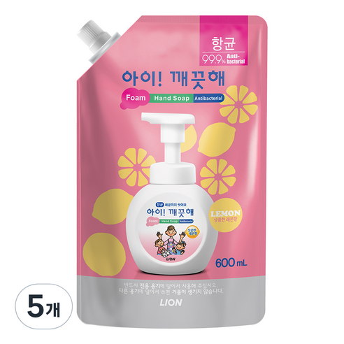 아이깨끗해 거품형 핸드솝 레몬 리필, 600ml, 5개