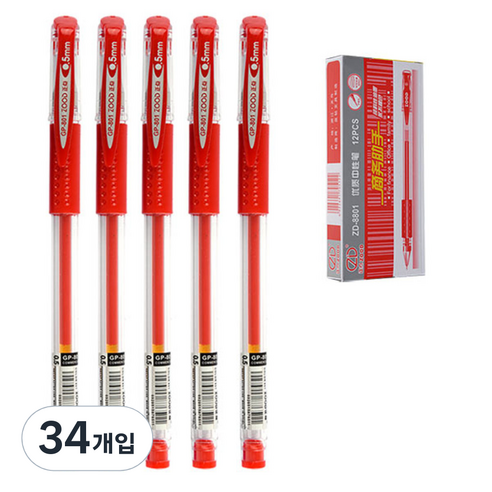 블루마토 ZOOD 볼펜12 ZD8801 0.5mm, 빨강, 34개입