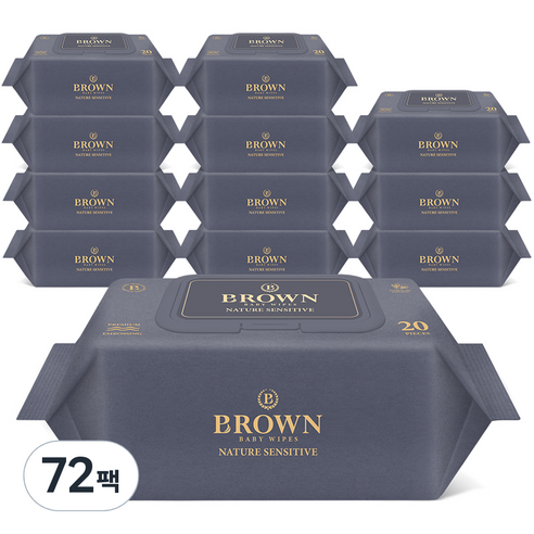 브라운 네이처 센시티브 아기물티슈 휴대용 캡형, 20매, 72팩
